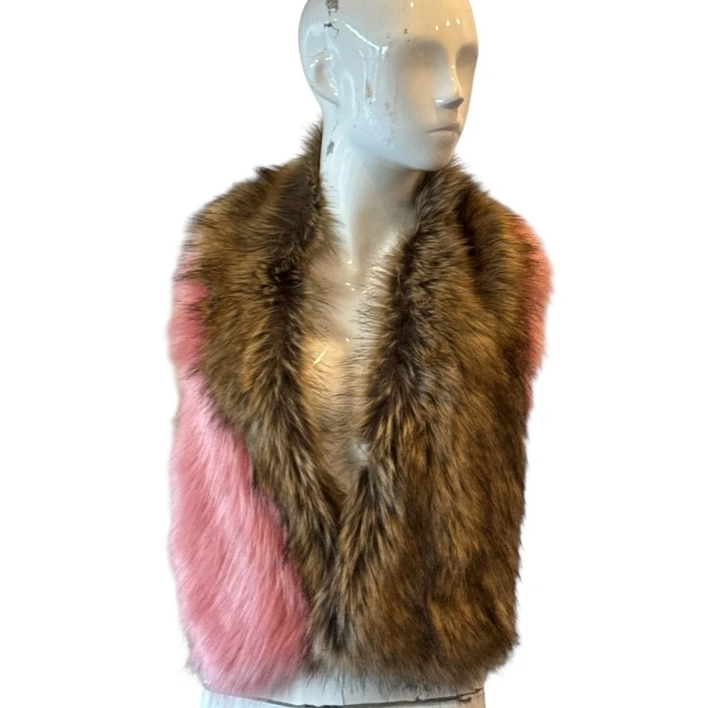 Faux Fur Colorblock Wrap Scarf Pink & Brown Glam Statement Stole Size OS